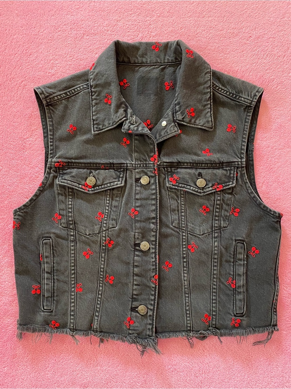 Wild Fable Black Denim Cherry Embroidered Raw Hem Vest M/L
